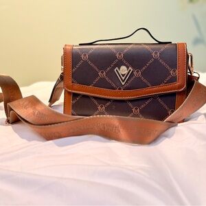 Valentino Orlandi Printed Brown and Cognac Trimmed Vegan Leather Crossbody Bag